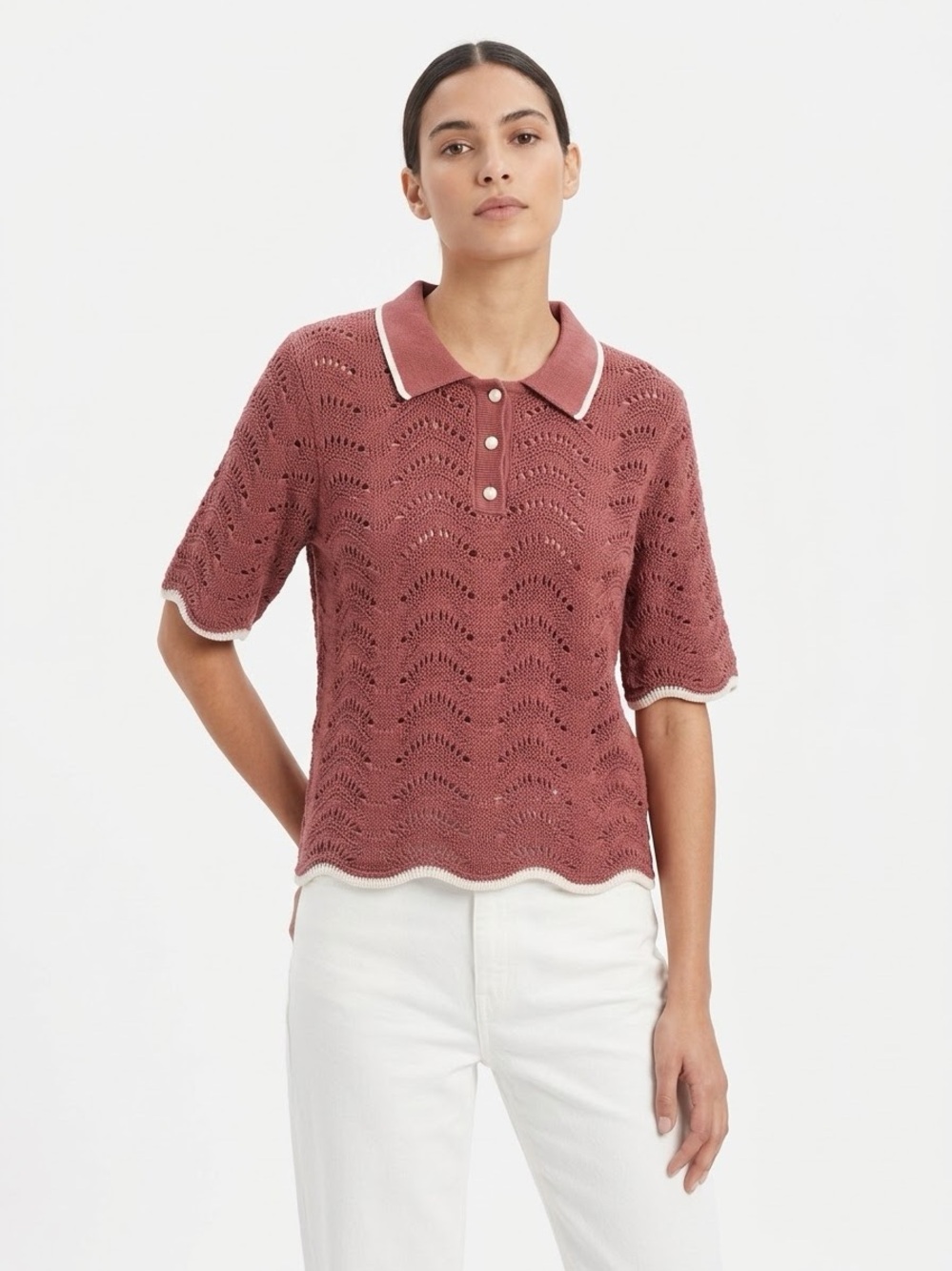 KOTN 100% Cotton Pointelle Wave Knit Polo Sweater Dusty Rose Mauve XL
